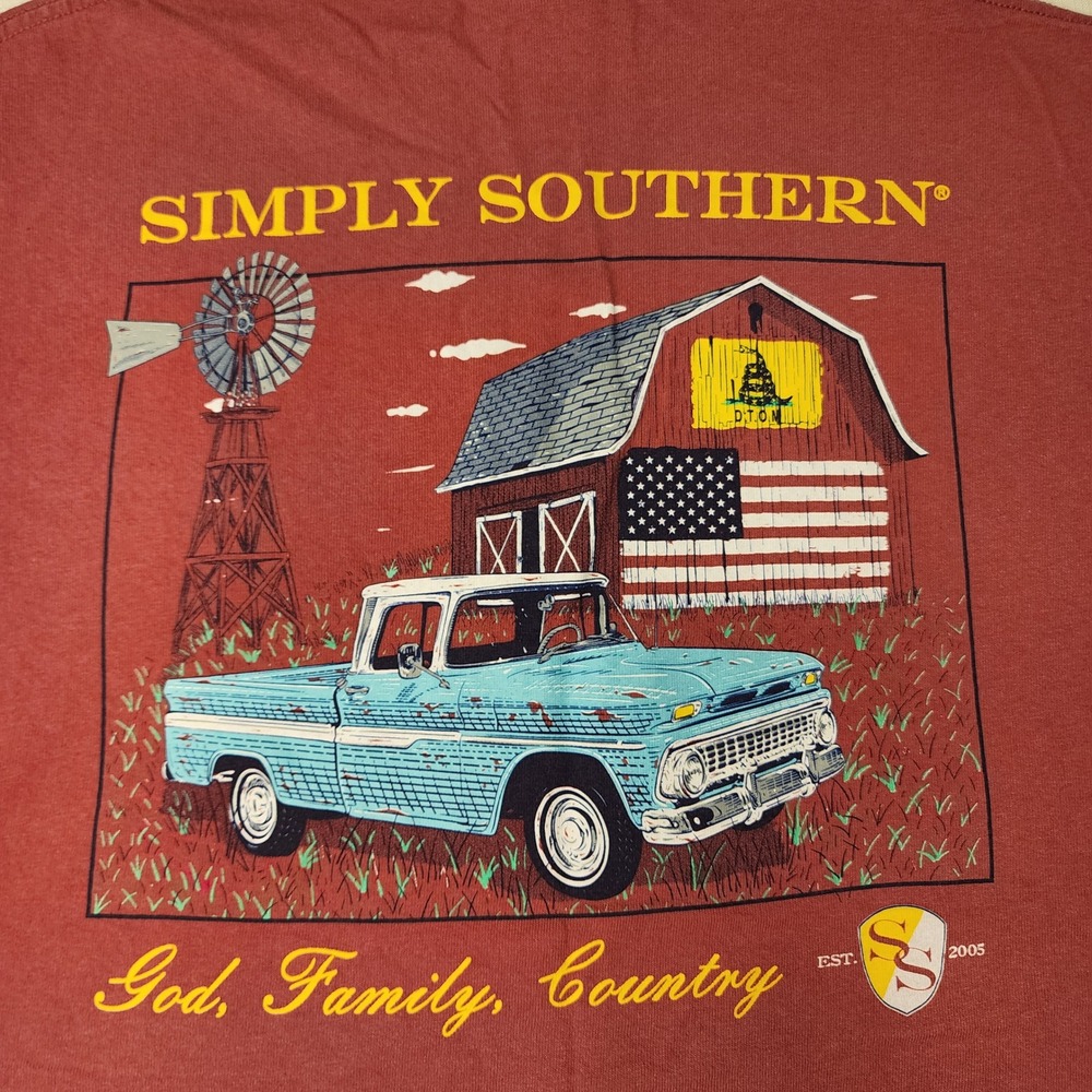 Simply Southern Mens Medium T Shirt Red God Family Country Truck Barn Graphic